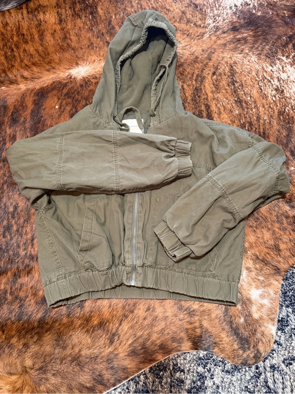 Aeropostale Bomber Jacket Womens Size L Hooded Army Green Crop Canvas Full Zip